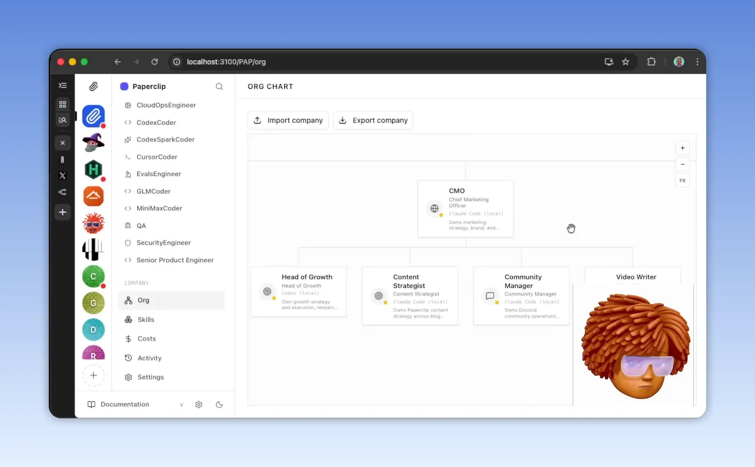 หน้าจอ Paperclip แสดง org chart ของ agent พร้อม CMO และบทบาท Content Strategist, Community Manager, Video Writer