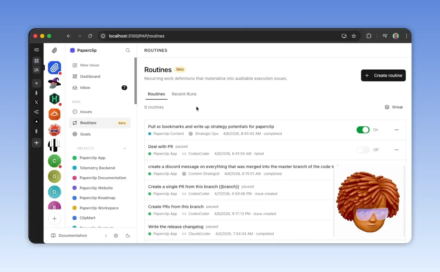 หน้าจอ Paperclip แสดงแท็บ Routines พร้อมรายการงานที่รันซ้ำ สถานะ On/Off และประวัติการทำงานล่าสุด